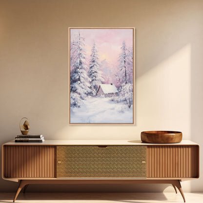 Pink Snowy Cabin Landscape Framed Canvas Print Wall Art Winter Wonderland Decor, Christmas Art Gift, Rustic Winter Scene Art