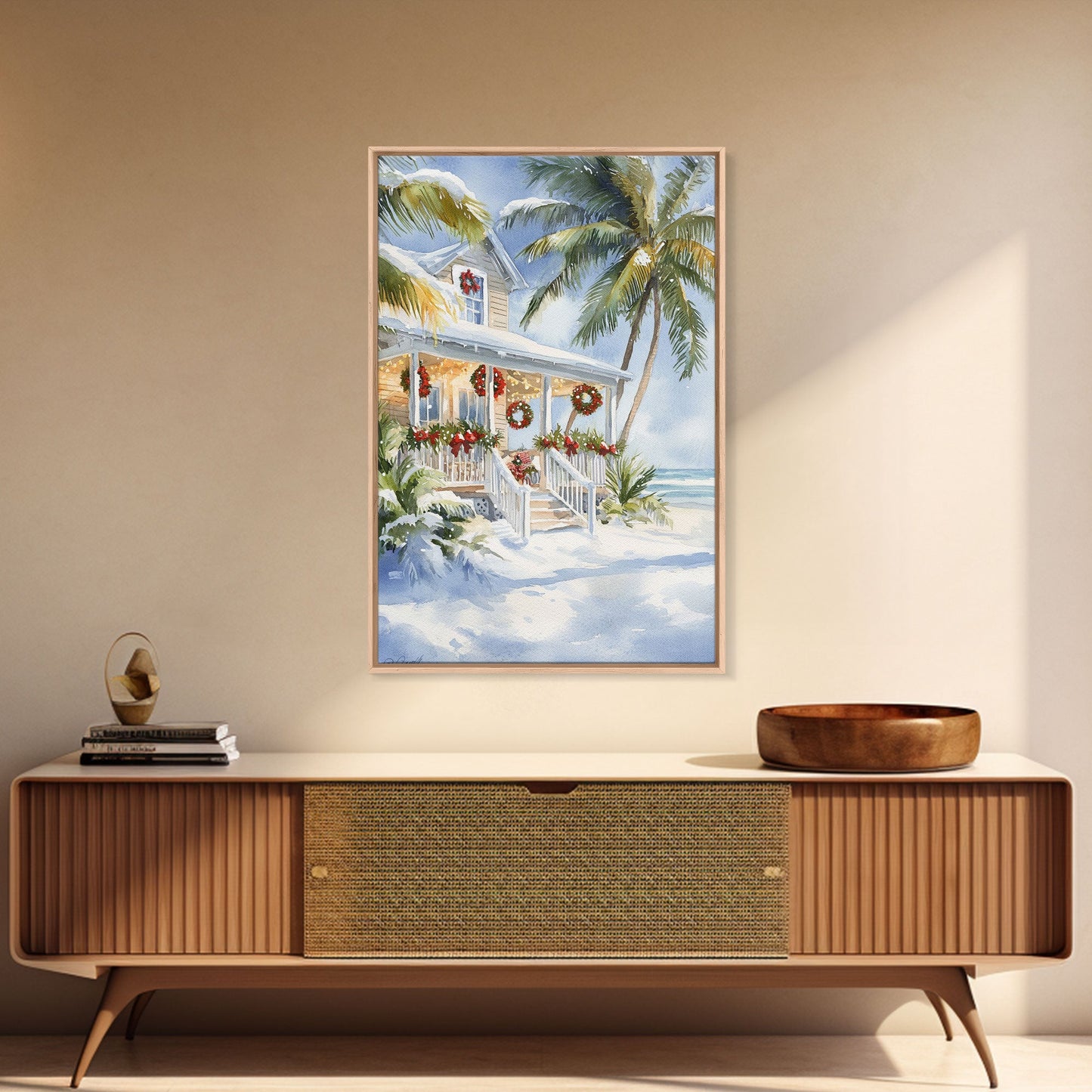 Beach Christmas porch with palm trees and wreaths, holiday decor Framed Canvas Print Christmas wall art farmhouse tropical decor idea