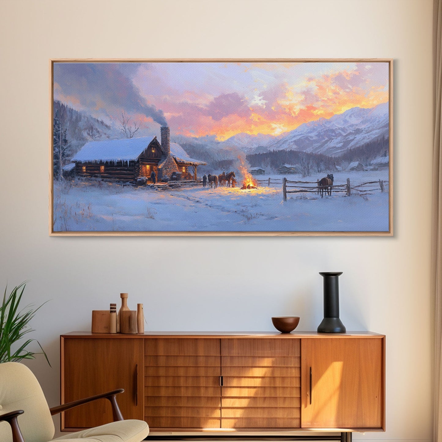 Cozy Snowy Log Cabin Tall Art Framed Canvas Print Winter Home Decor With Warm Fireplace And Horse Rider Under A Beautiful Sunset Scene