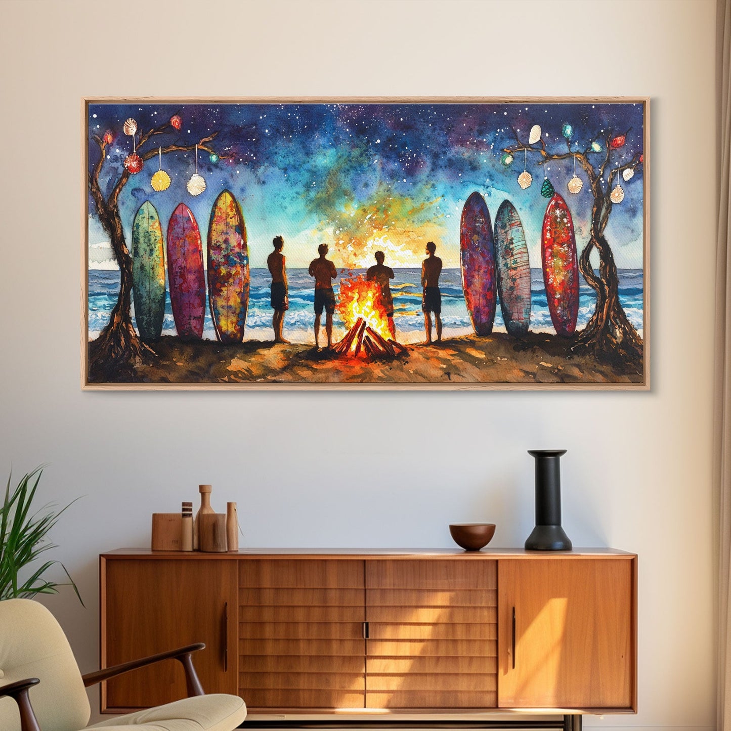Canvas Print Beach Bonfire with Surfboards Under Stars, Coastal Christmas Art, Tropical Holiday Wall Art, Beach Christmas Decor