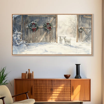 Christmas decor farmhouse Framed Canvas Print snowy barn Christmas scene holiday wall art best gift Christmas decor Christmas tree art 2024