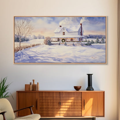 Farmhouse Christmas decor Framed Canvas Print snowy white farmhouse with wreath winter wonderland holiday decor best gift Christmas wall art