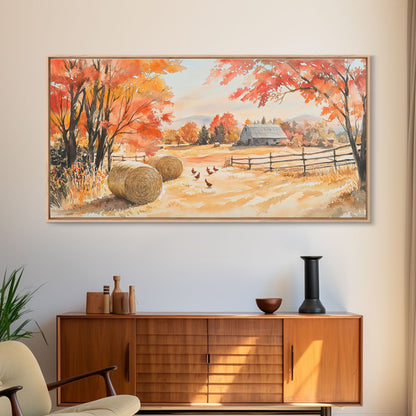 Autumn farmhouse decor Canvas Print fall landscape with barn and chickens harvest season gift idea rustic fall wall art holiday home decor