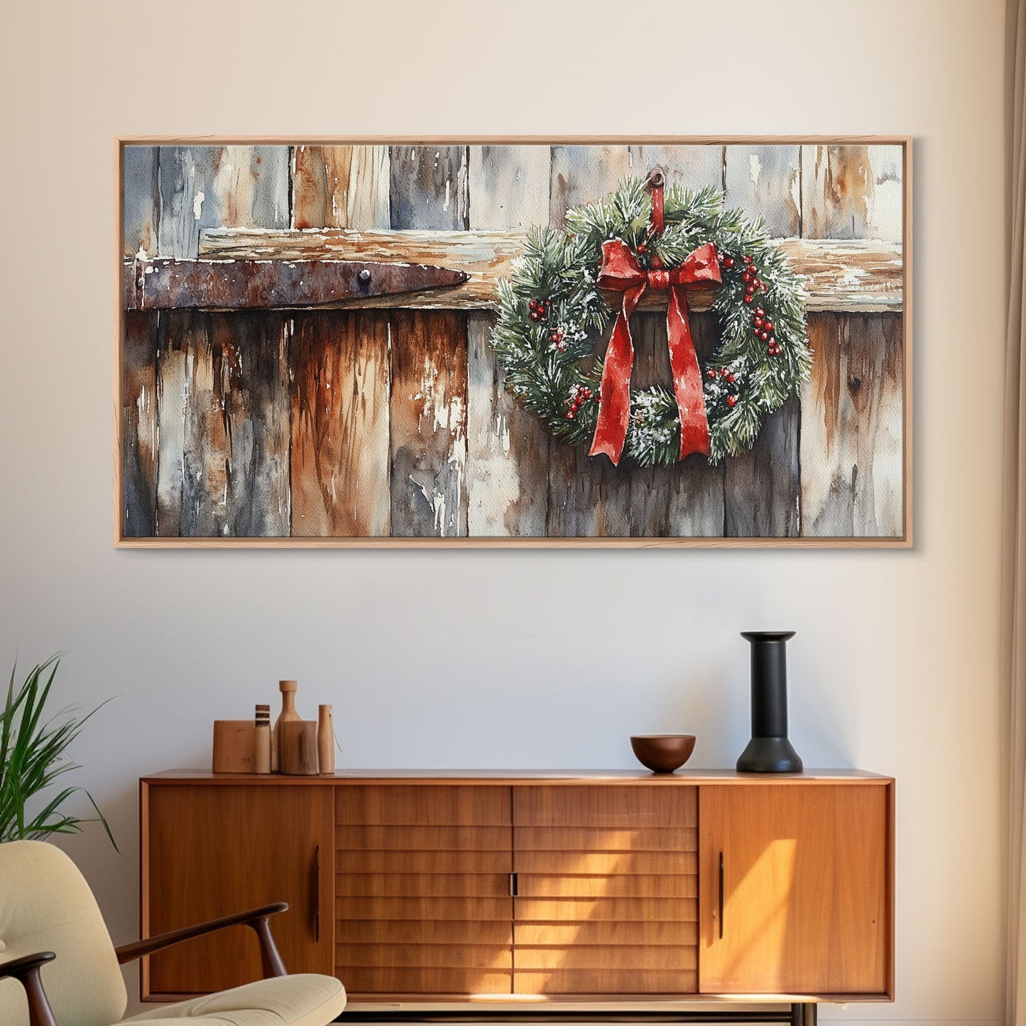 Rustic Wreath Red Ribbon Canvas Print Christmas Door Decor Farmhouse Christmas Wall Art Framed Canvas Print Christmas Outdoor Decor