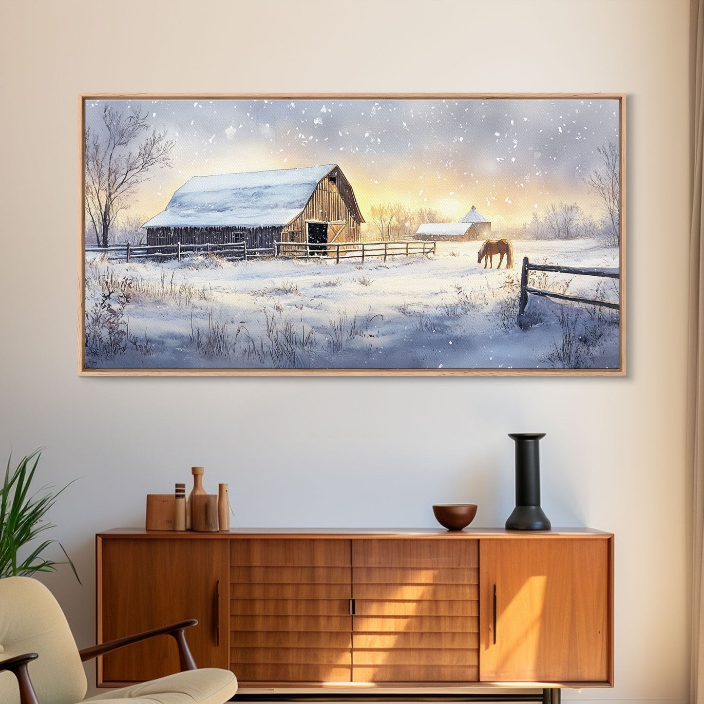 Rustic Barn in Winter Wonderland, Framed Canvas Print, Farmhouse Christmas Art, Christmas Wall Decor, Holiday Seasonal Wall Art, Gift Idea