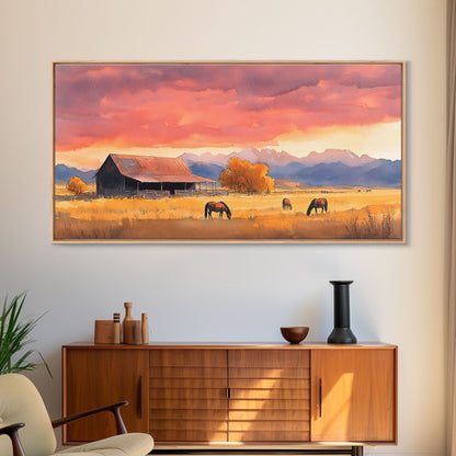 Rustic Mountain Barn Sunset Canvas Print | Autumn Farmhouse Wall Art | Fall Home Decor | Holiday Art Gift | Framed Canvas Print Wall Decor