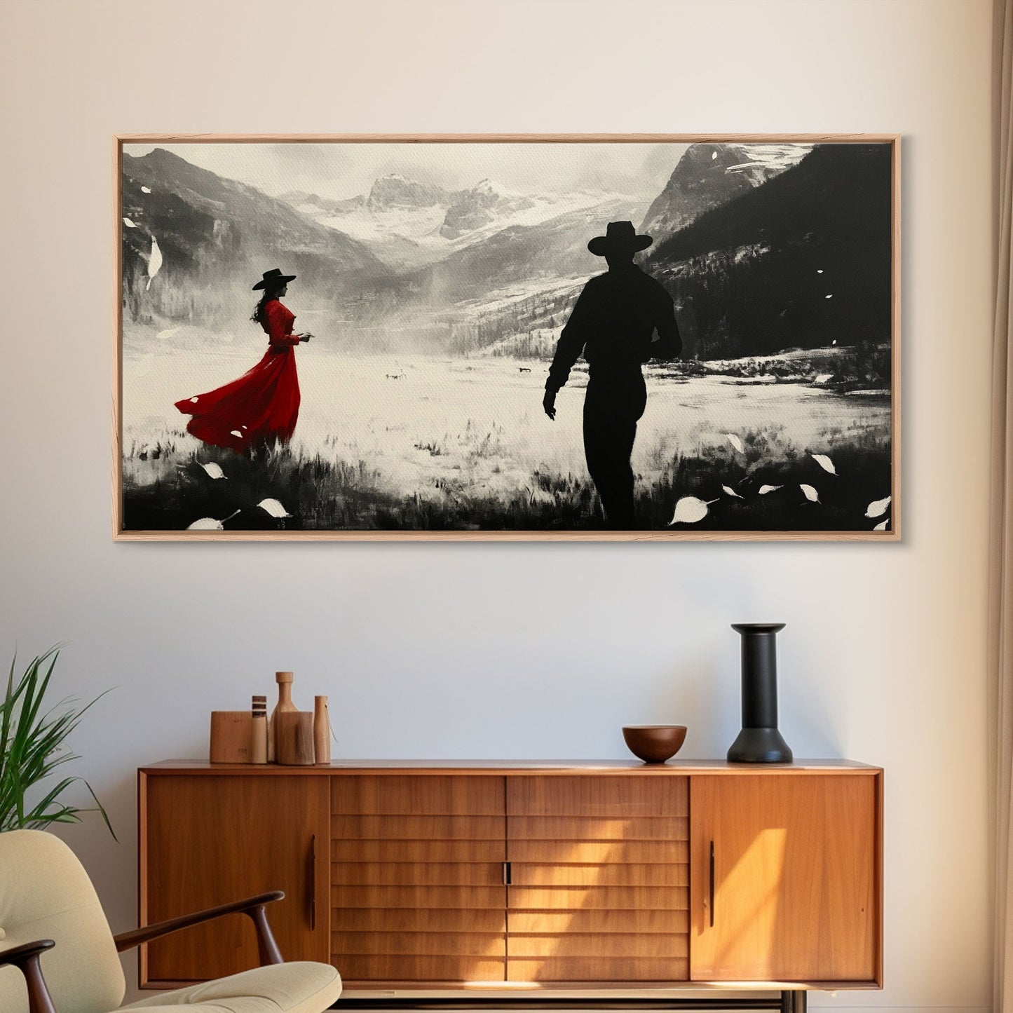 Winter Forest Cowboy Framed Canvas Print Christmas Cowboy Art Above Sofa Holiday Wall Decor Seasonal Winter Wonderland Gift