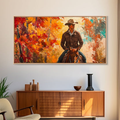 Cowboy Riding Through The Autumn Trees, Framed Canvas Print, Rustic Farmhouse Wall Art, Boho Style Seasonal Watercolor Painting