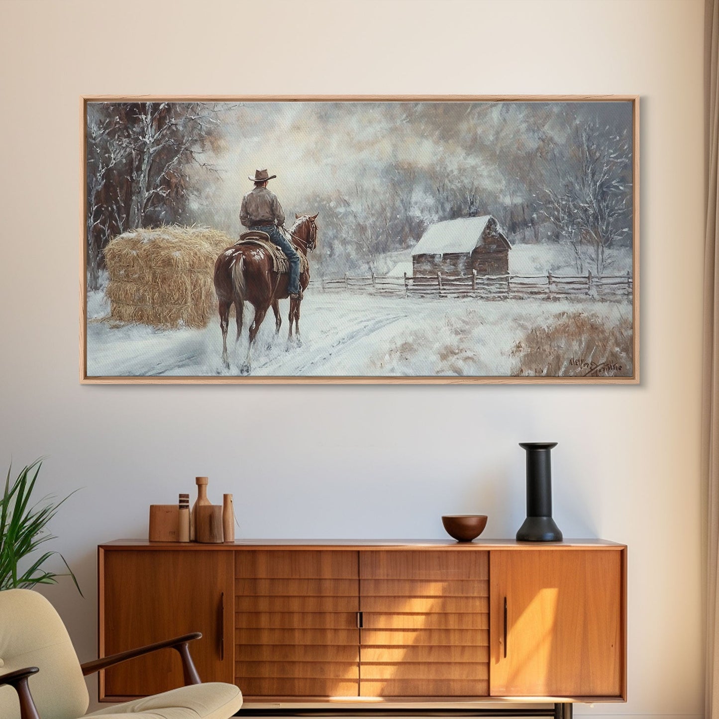 Autumn-themed Framed Canvas Print of a cowgirl in a pumpkin patch surrounded by vibrant fall leaves, seasonal decor and cozy fall accents