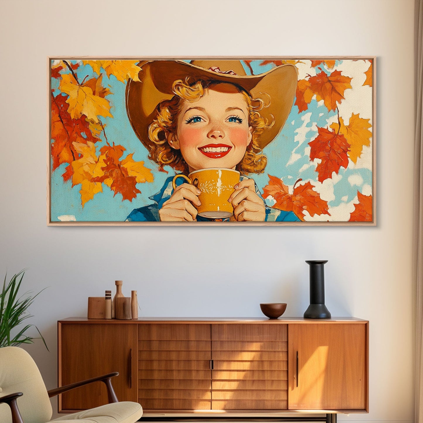 Cowgirl Having A Cup Of Joe, Framed Canvas Print, Farmhouse / Western Rustic Charm, Seasonal Art Piece to Warm Up Your Home Decor This Fall