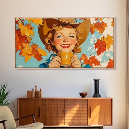 Cowgirl Having A Cup Of Joe, Framed Canvas Print, Farmhouse / Western Rustic Charm, Seasonal Art Piece to Warm Up Your Home Decor This Fall