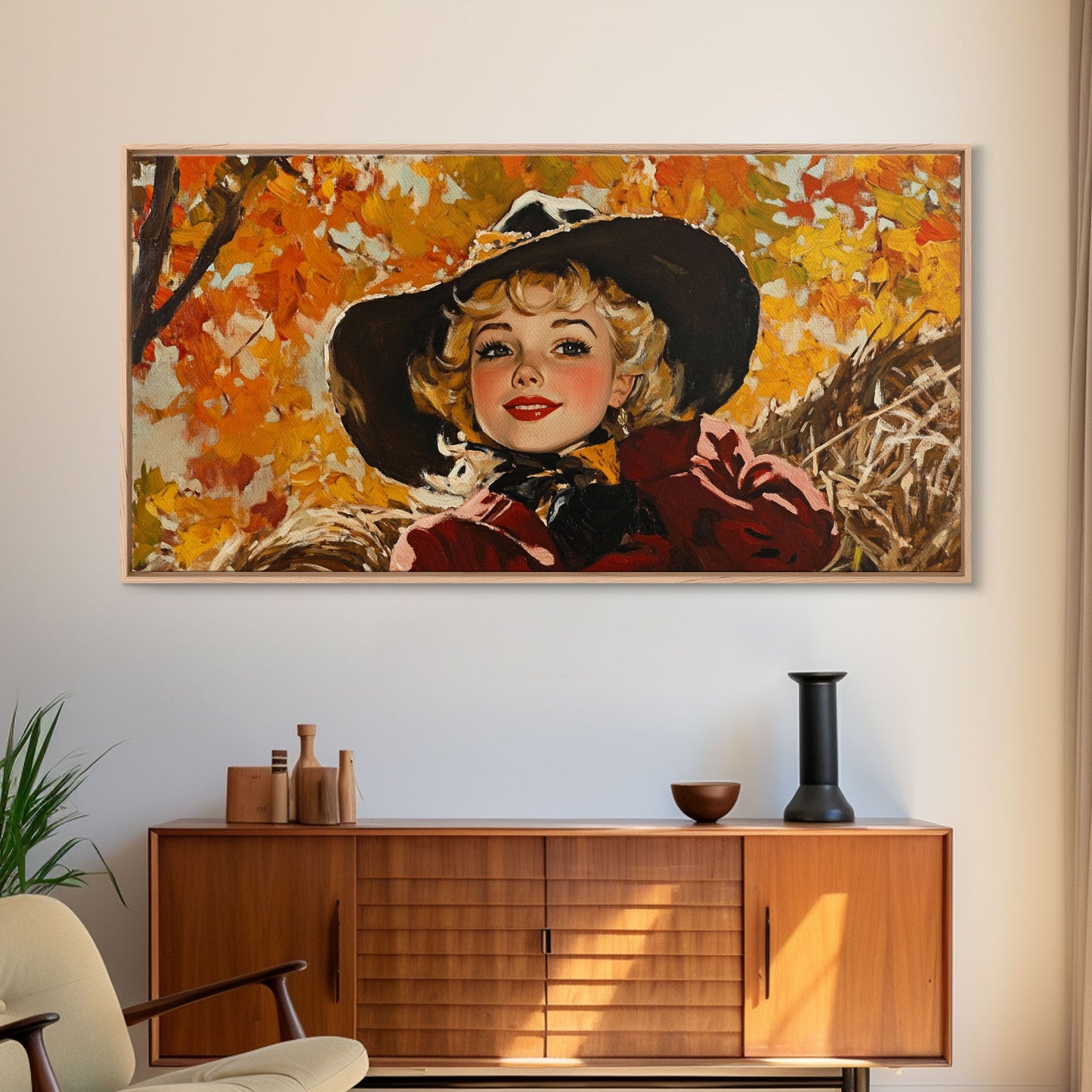Cute Fall Cowgirl Amongst The Autumn Leaves, Gift or Autumn Decor, Perfect Addition to Home and Office Interiors