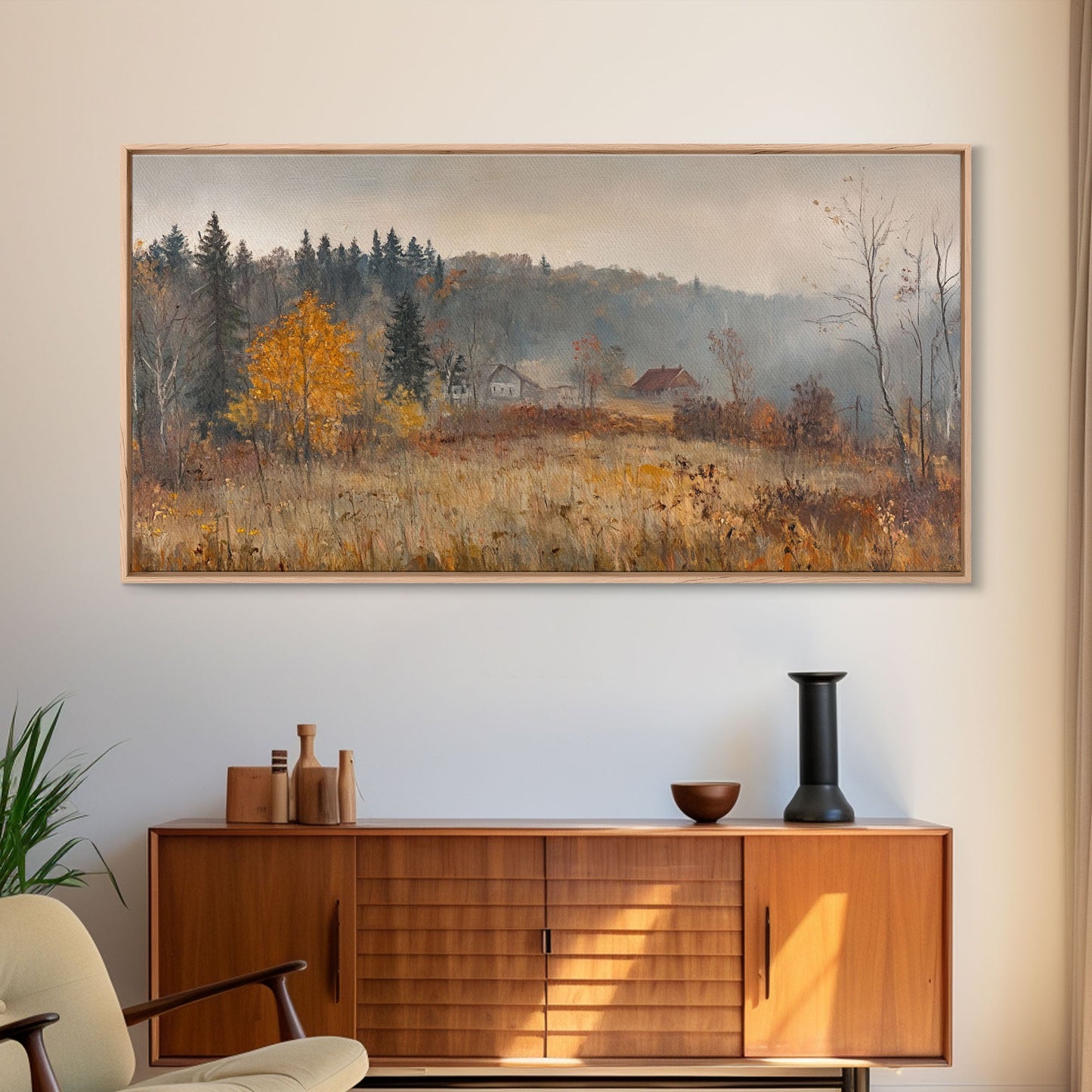 Early American Style Landscape Painting, Framed Canvas Print, Christmas Holiday Wall Art for Seasonal Winter Decor