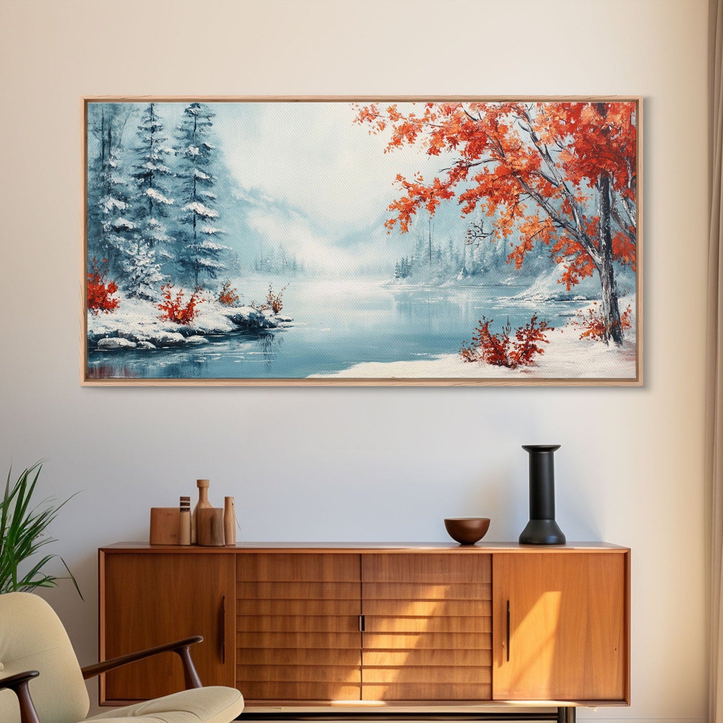 Painting Of A Forest In Winter, Framed Canvas Print with Wreaths, Perfect Christmas Holiday Decor, Ideal Winter Wall Art Gift