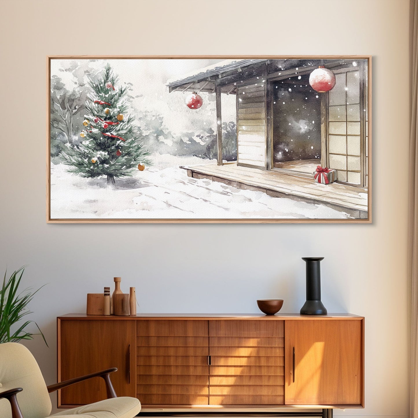 Minimalist Japanese Christmas Scene Framed Canvas Print, Snowy Holiday Decor with Simple Tree and Lantern Perfect Holiday Art
