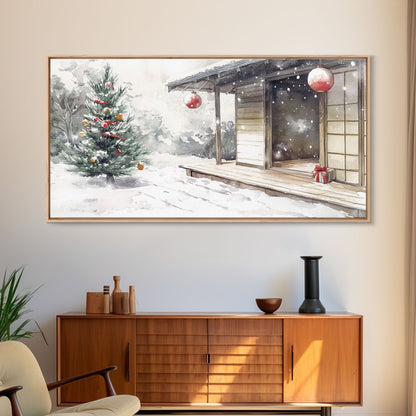 Minimalist Japanese Christmas Scene Framed Canvas Print, Snowy Holiday Decor with Simple Tree and Lantern Perfect Holiday Art
