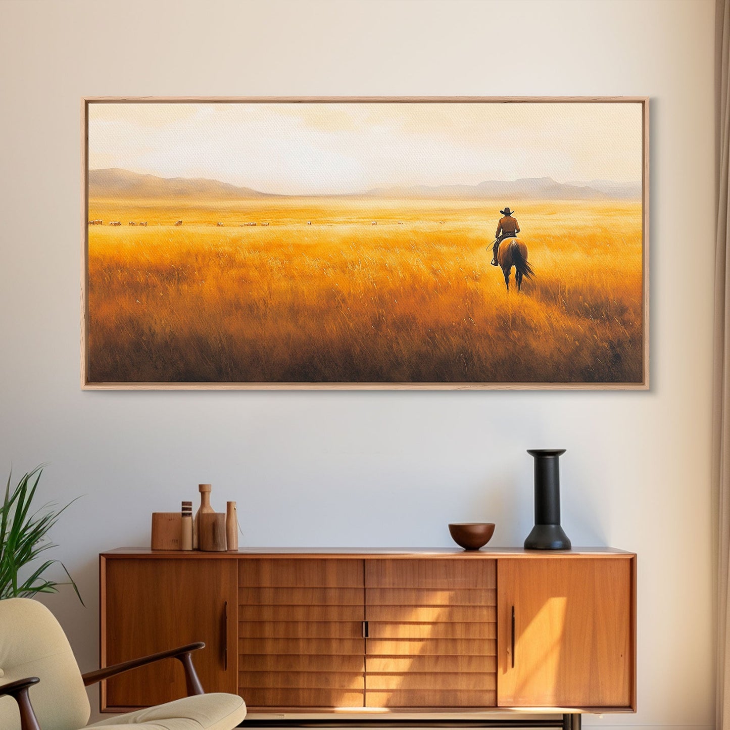 Herding Cattle Across Plains Framed Canvas Print Tall Art Rustic Autumn Landscape Western Country Decor Fall Home Wall Art Farmhouse Gift