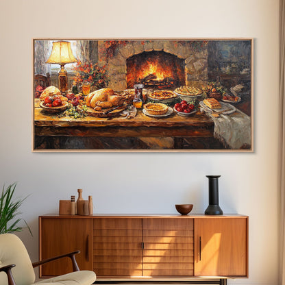 Cozy Thanksgiving Feast by Fireplace Framed Canvas Print Seasonal Wall Art, Rustic Fall Decor, Harvest Celebration Art Print for Home