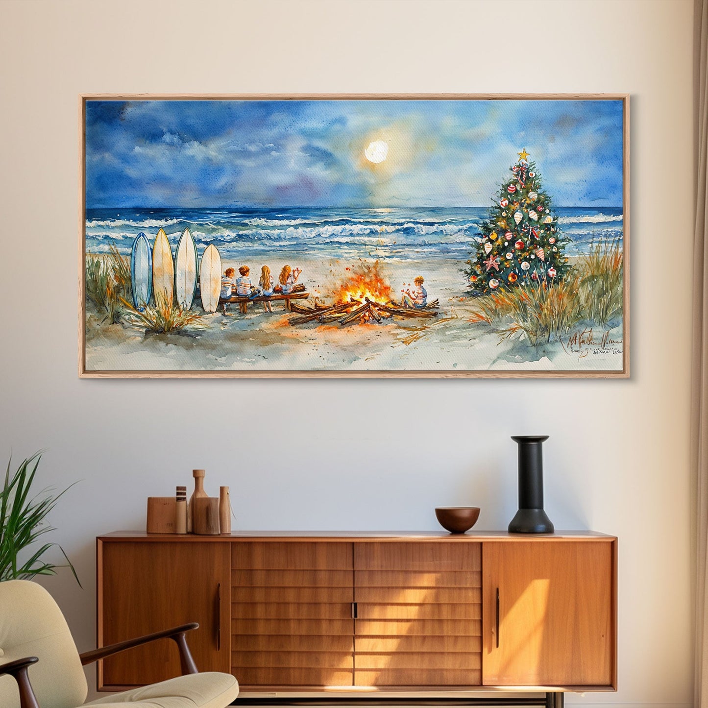 Christmas bonfire on the beach with surfboards and decorated tree, framed canvas print ideal tropical holiday wall art decor
