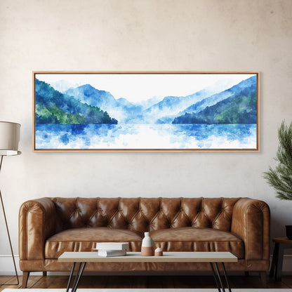 Reflections - Foggy Mountain Morning - Watercolor Painting Print - Wood Framed Wall Art - Panoramic Painting