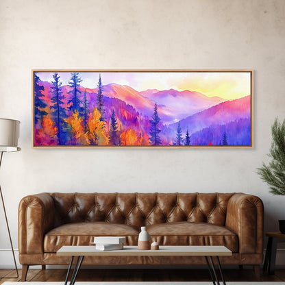 Purple Mountain Painting Framed Print, Canvas Art, Panoramic Extra Wide Wall Art