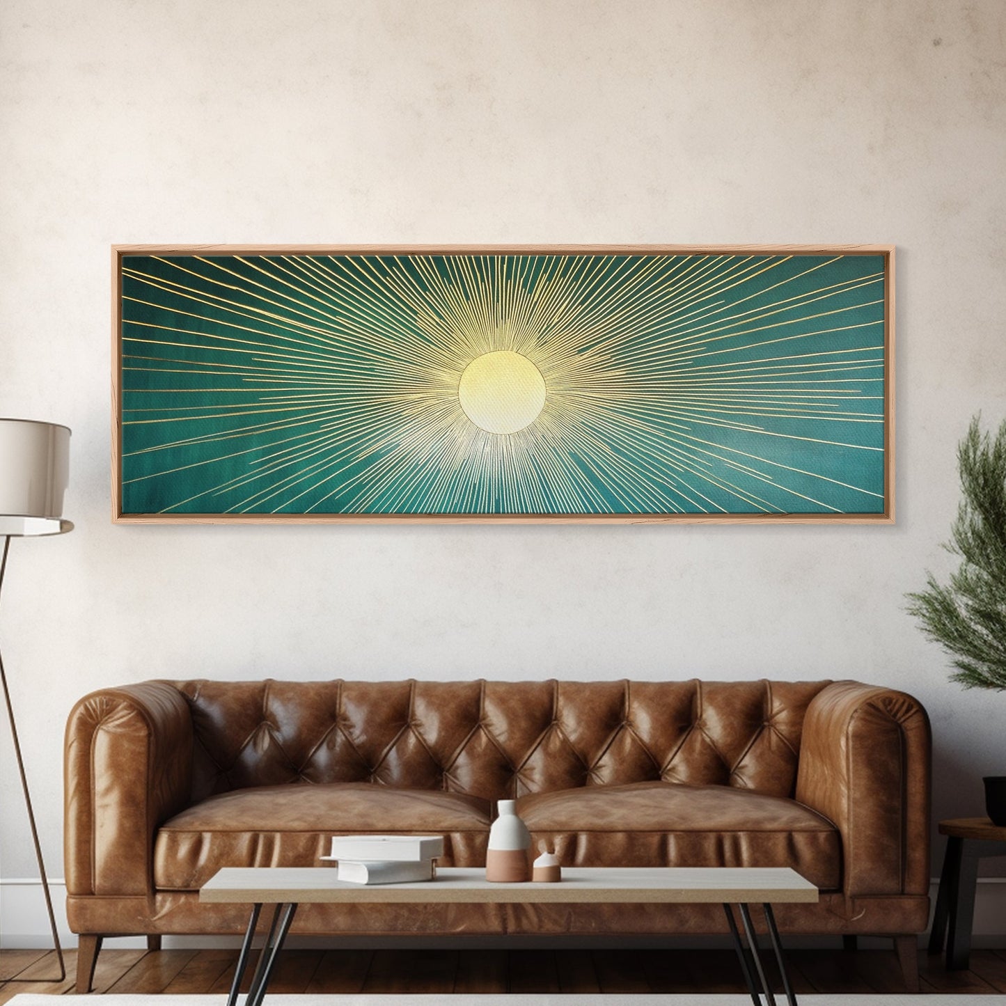 Eclectic Art Deco Sunburst Framed Canvas Print, Boho Style Wall Art, Emerald Green and Gold Extra Wide Art