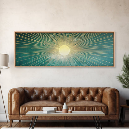 Eclectic Art Deco Sunburst Framed Canvas Print, Boho Style Wall Art, Emerald Green and Gold Extra Wide Art