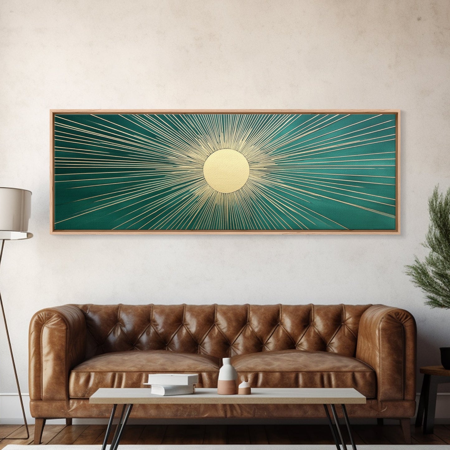 Emerald Green Sun Burst Wall Art, Art Deco Retro Vibes, Eclectic Home Decor, Emerand Green and Gold Horizontal Framed Canvas
