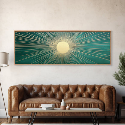 Emerald Green Sun Burst Wall Art, Art Deco Retro Vibes, Eclectic Home Decor, Emerand Green and Gold Horizontal Framed Canvas