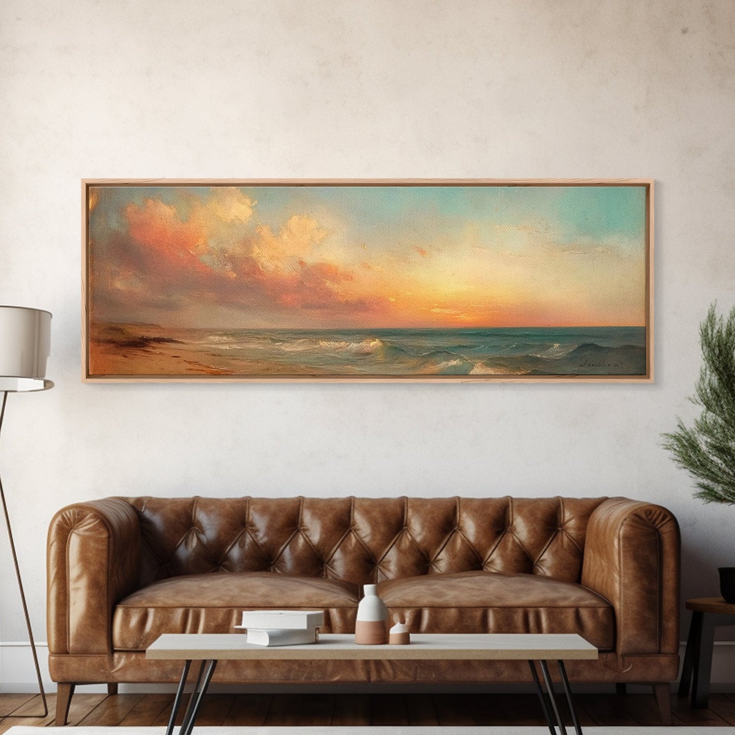 Moody Beach Seascape Painting Print, Wood Framed Wall Art, Canvas Art, Beach Painting, Beach at Sunset, Above Sofa Boho Wall Decor