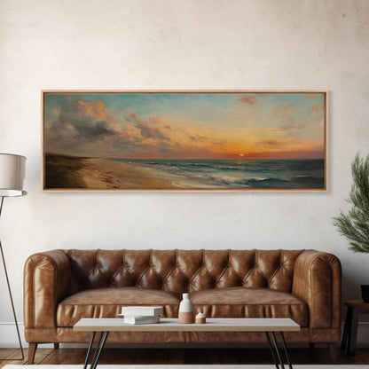 Muted Beach Framed Oil Painting Canvas Print, Minimalist Coastal Decor, Seascape Painting, Long / Horizontal Beach Wall Art, Panoramic Art
