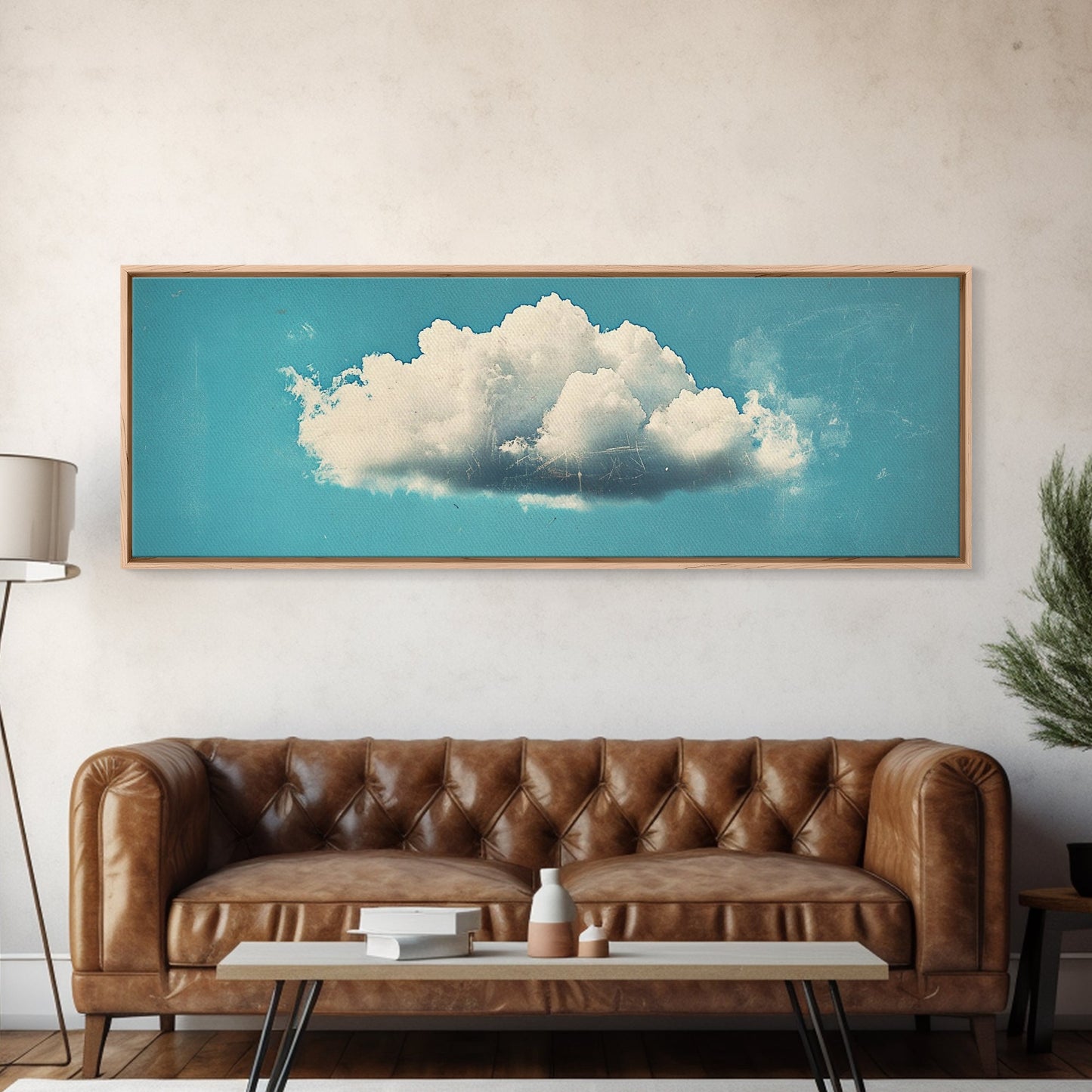 Framed Canvas Art, Sky Blue, Navy Blue Lonely Cloud Art, Minimalist Art Print, Panoramic Extra Wide Horizontal Art, Lonely Cloud