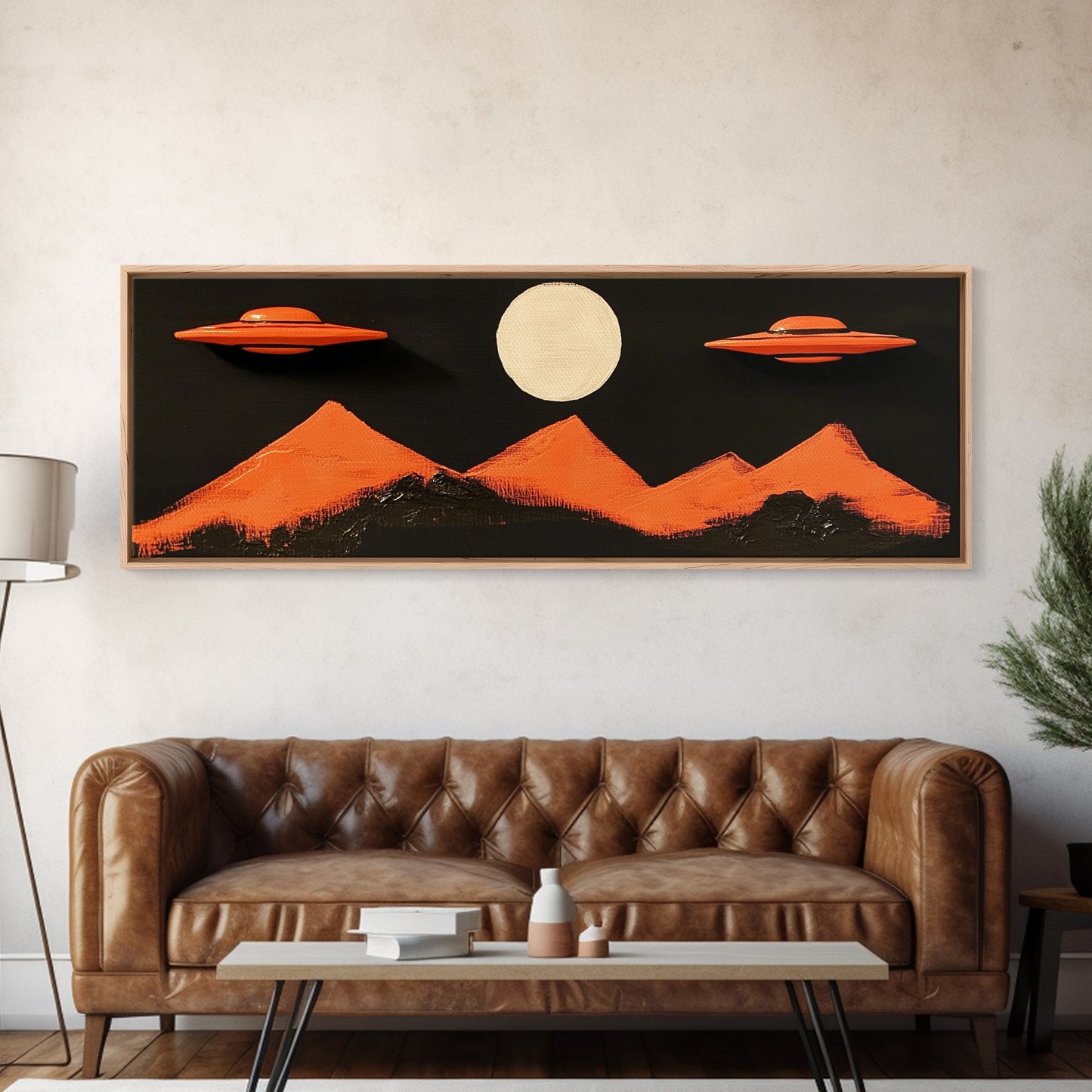 Orange Flying Saucers - UFO Art - Panoramic Print - Cute Alien Art - Nursery Decor