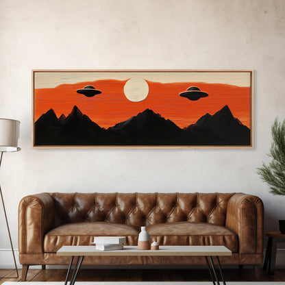 Fun Nursery Decor - Boy's Room Wall Art - Panoramic Flying Saucers or UFOs Art Print - Framed Canvas