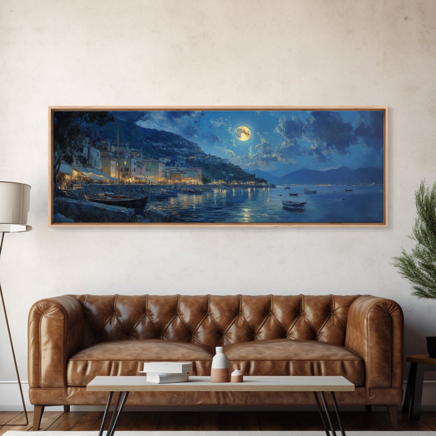 Horizontal Oil Painting Print - Italy At Night - Portofino Wall Art - Horizontal Panoramic Print - Full Moon Painting
