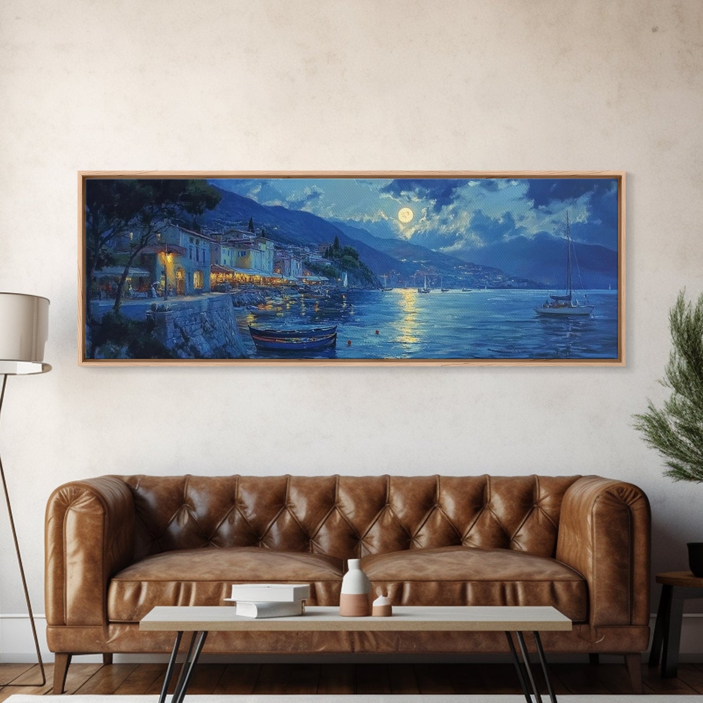 Fishing Village at Midnight Under a Full Moon, Framed Canvas Print, Panoramic Wall Art, Eclectic Boho Home Decor, Wide Oversized Wall Art