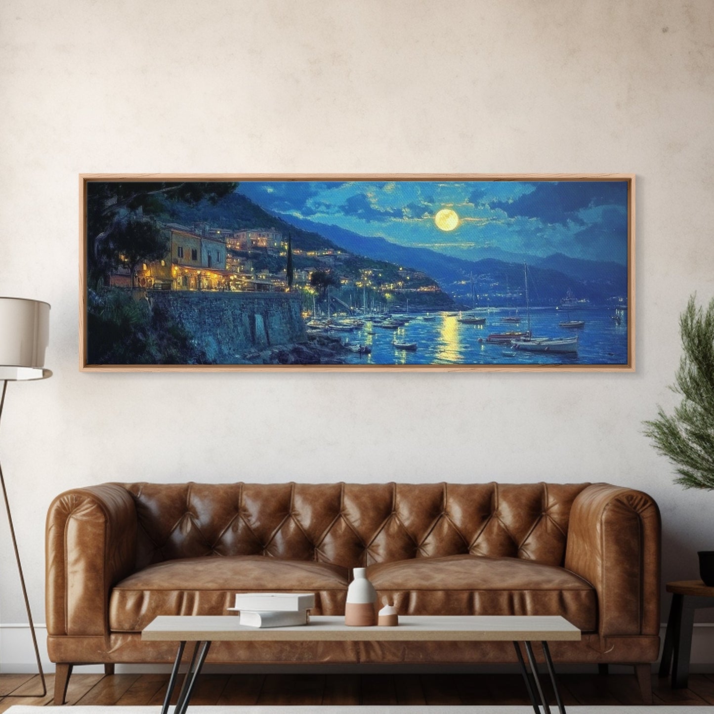 Greece at Midnight - Framed Canvas Print - Greek Fishing Village Under a Full Moon - Boho Wall Art - Moody Landscape Painting