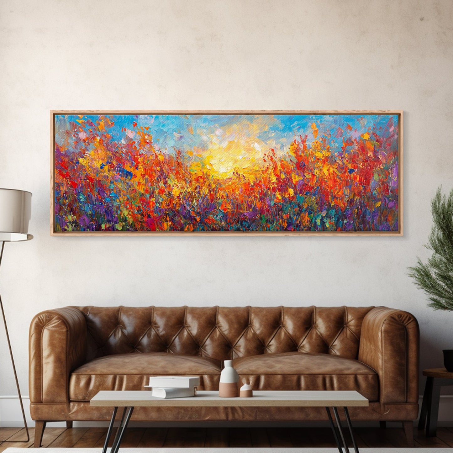 Original Wildflower Painting Print, Panoramic Extra Wide Wall Art, Floral Landscape Custom Rustic Home Decor, Sunset Through The Flowers