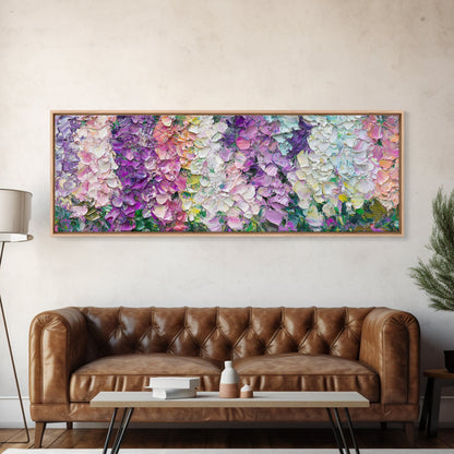 White, Pink and Purple Wild Flowers, Framed Canvas Print, Floral Oil Painting, Abstract Flower Painting, Panoramic Oversized Wall Art