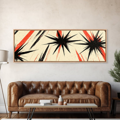 Flashes and Light - Framed Canvas Print - Mid-century Modern Rocket Age Inspired Wall Art - Black Stars with Red Streaks