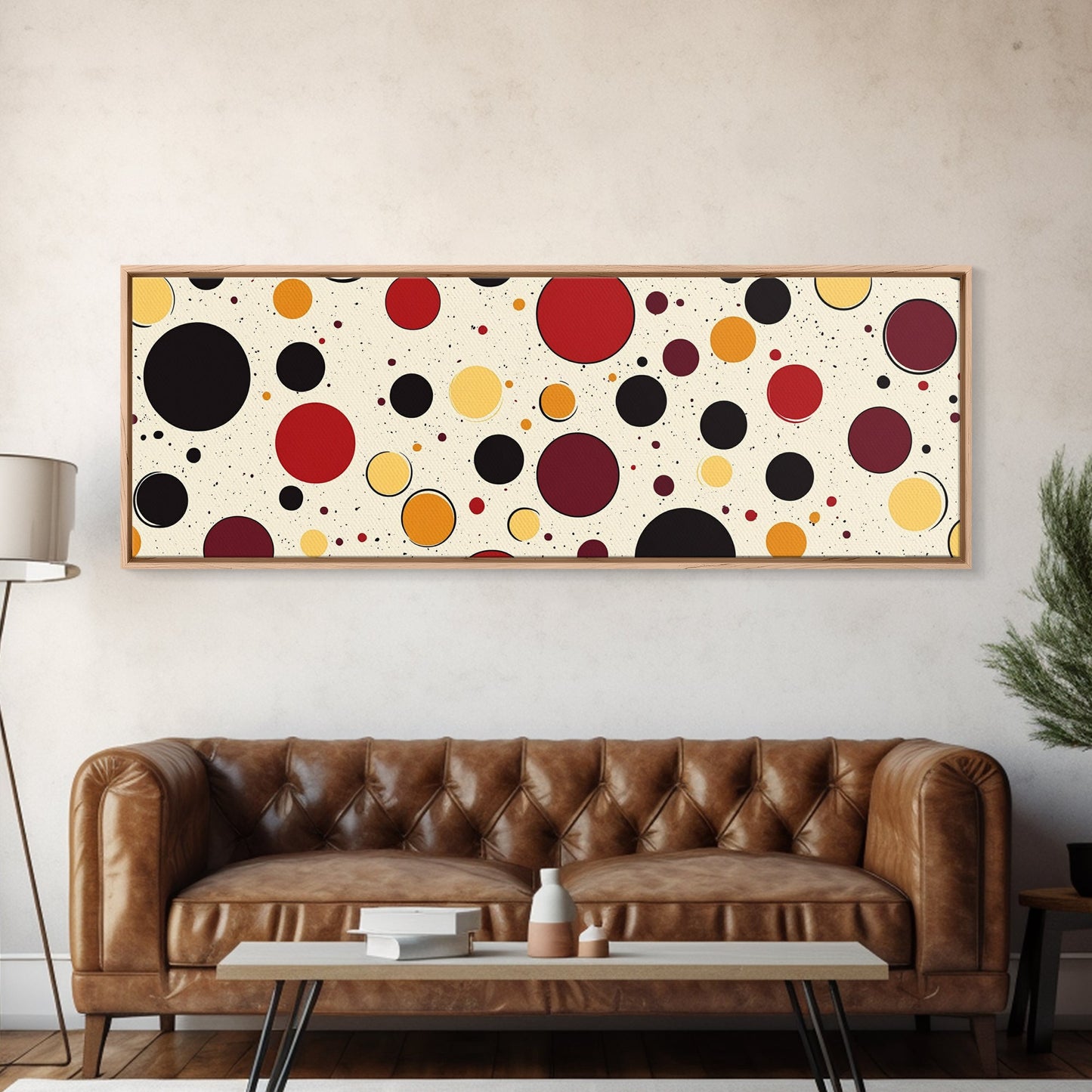 Polka Dots - Framed Canvas Print - MCM Inspired Midcentury-Modern Wall Art - Red, Yellow and Black Dots on a White Background