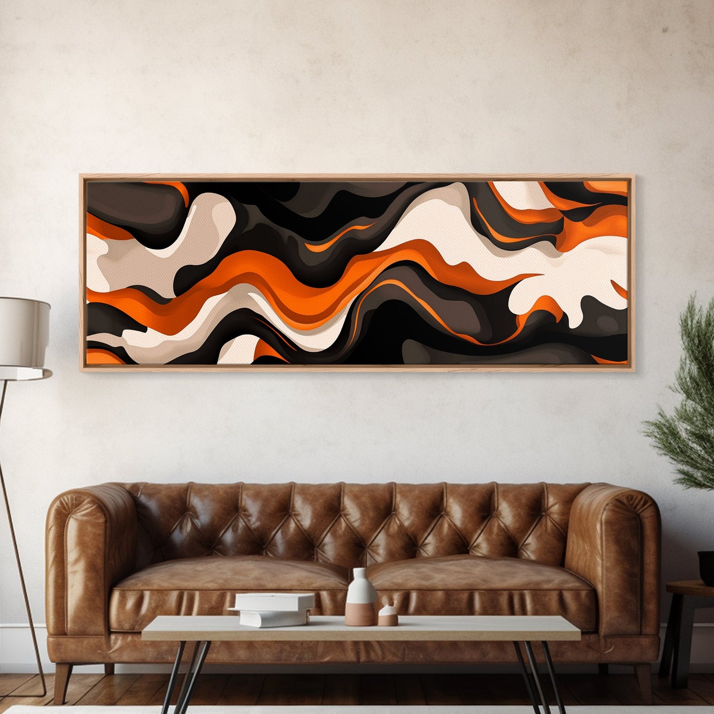 Retro Abstract Art, Framed Canvas Print, Orange, Black and White Wall Art, Oversized Extra Wide Wall Art