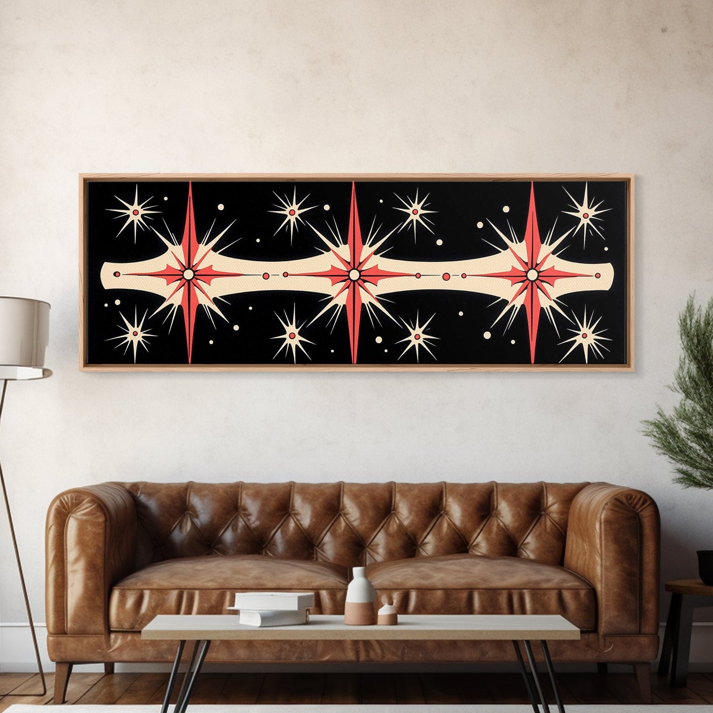 Neutral Star Burst Framed Canvas Print, Abstract Atomic Age Wall Art, Mid-Century Modern 1950s Style Home Decor, Large Scale Art