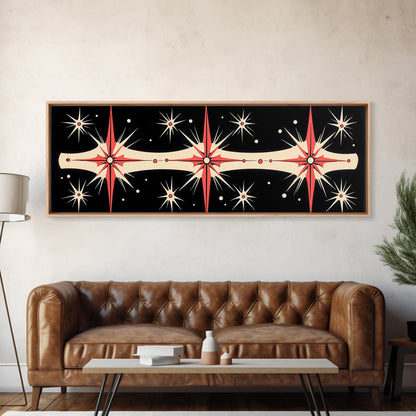Neutral Star Burst Framed Canvas Print, Abstract Atomic Age Wall Art, Mid-Century Modern 1950s Style Home Decor, Large Scale Art