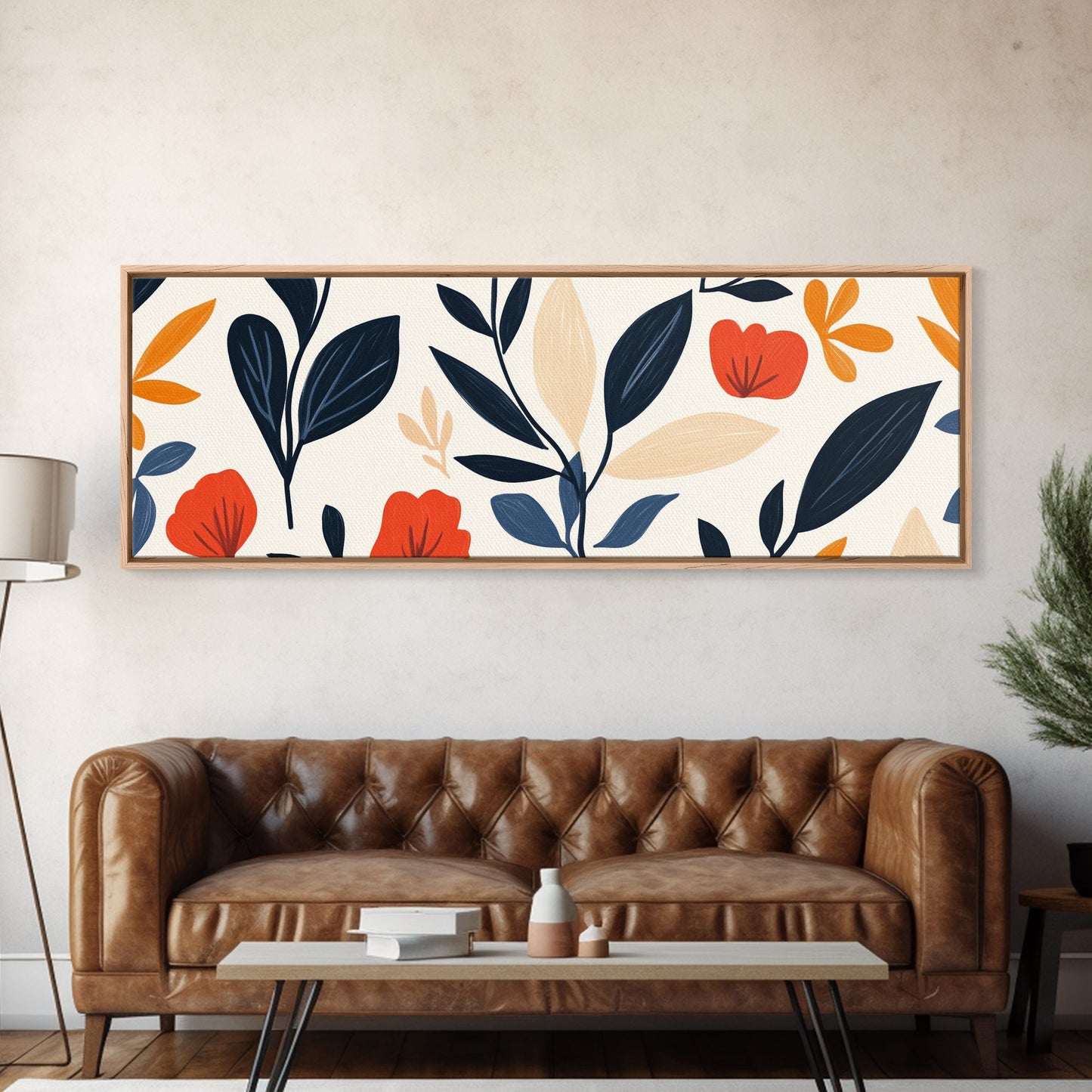 MCM Floral Print, Framed Canvas Art With Wood Frame, Over Sized Extra Wide Art For Above Sofa, Blue flowers on Black Background