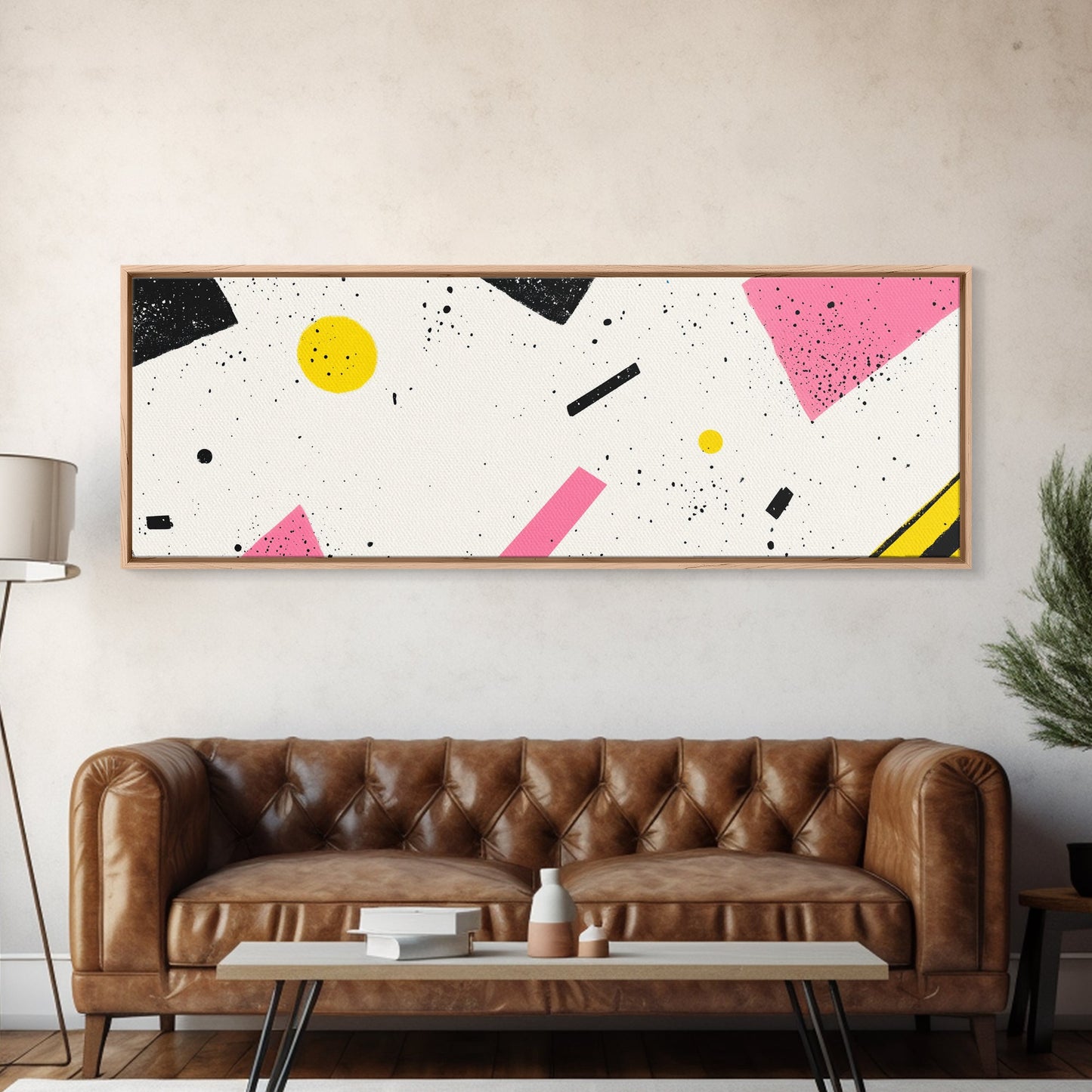 Retro Vaporwave Art, Pink Black and White Geomatric Abstract Art, Oversize Art For Large Living Room, Panoramic Painting