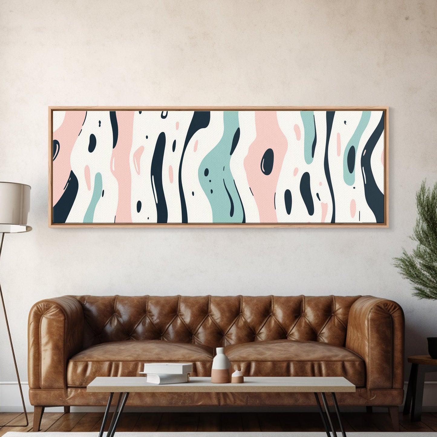Retro Pink and Turquoise Animal Print Abstract Art, Framed Canvas Print, Wood Framed Extra Large Panoramic Art, 20x60 Art, 24x72 Art