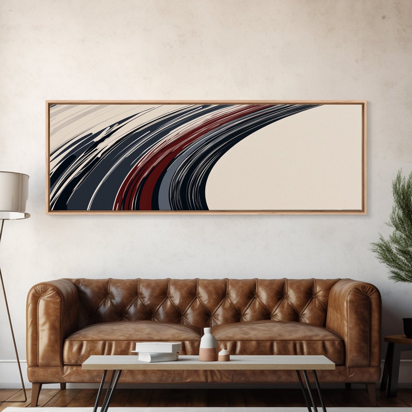 Abstract Line Art - Grey, Black and Brown Lines - Framed Canvas Print - MCM Style Abstract Wall Art, Extra Wide Art