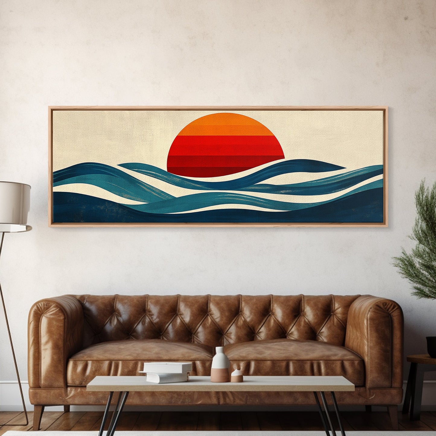 Retro Art Deco Sunset over The Ocean, Framed Canvas Print, Vector Image Style Artwork, Wood Frame, Boho / Eclectic Home Decor, Minimalist Decor