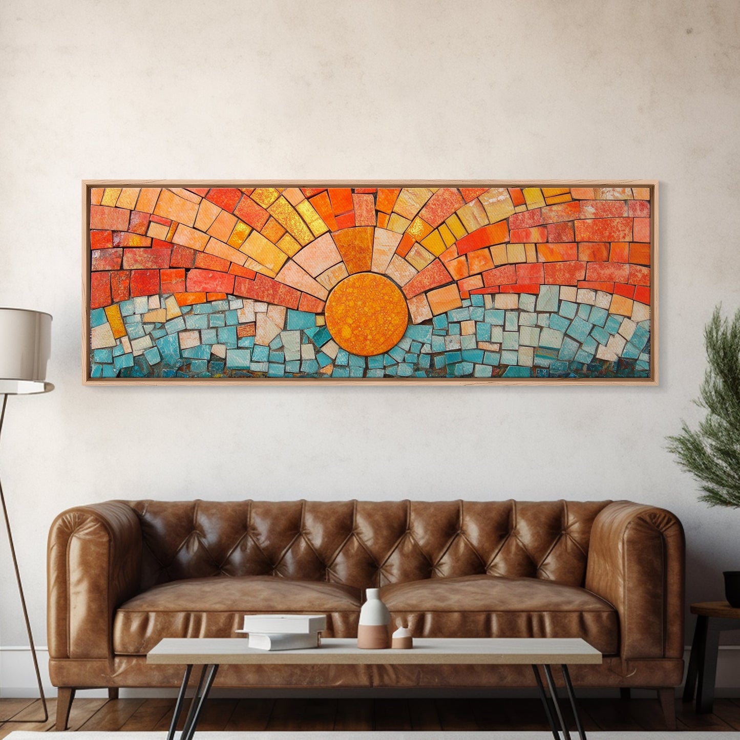 Panoramic Print - Sunset Mosaic Canvas Print - Wood Framed Wall Art - Horizontal Abstract Art - Large Wide Wall Art - Above Bed Decor Framed Canvas